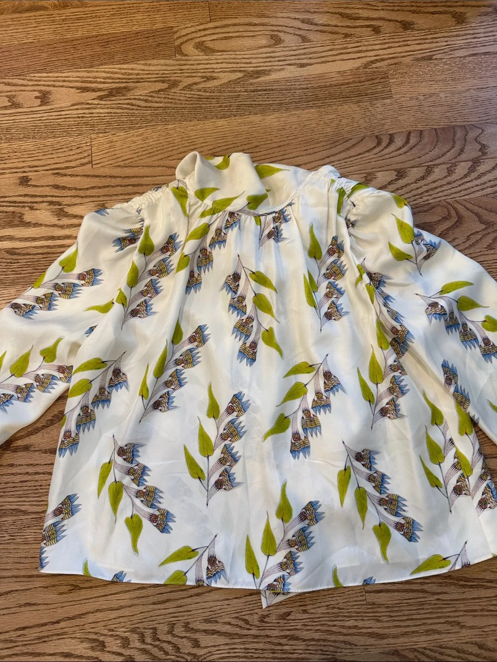 Ulla Johnson Ivory Floral Tie-Neck Blouse with Blue & Lime Motif